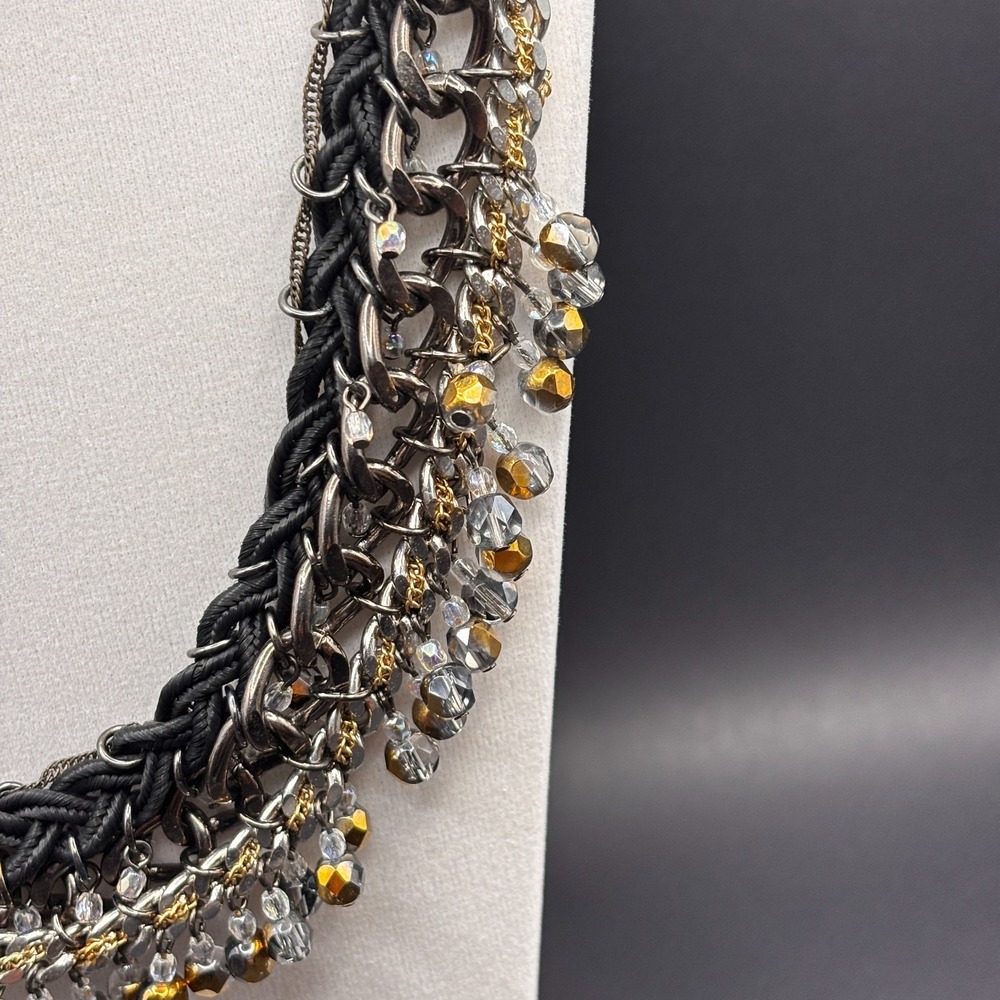 Vintage Y2K Black Cord Chain Dangle Beaded Statement Necklace Mixed Metal Boho - Picture 8 of 12